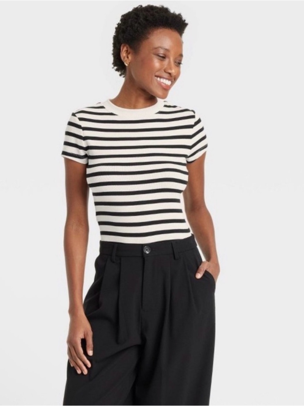 A New Day Women's Slim Fit Ribbed T-Shirt Cream Striped Size L